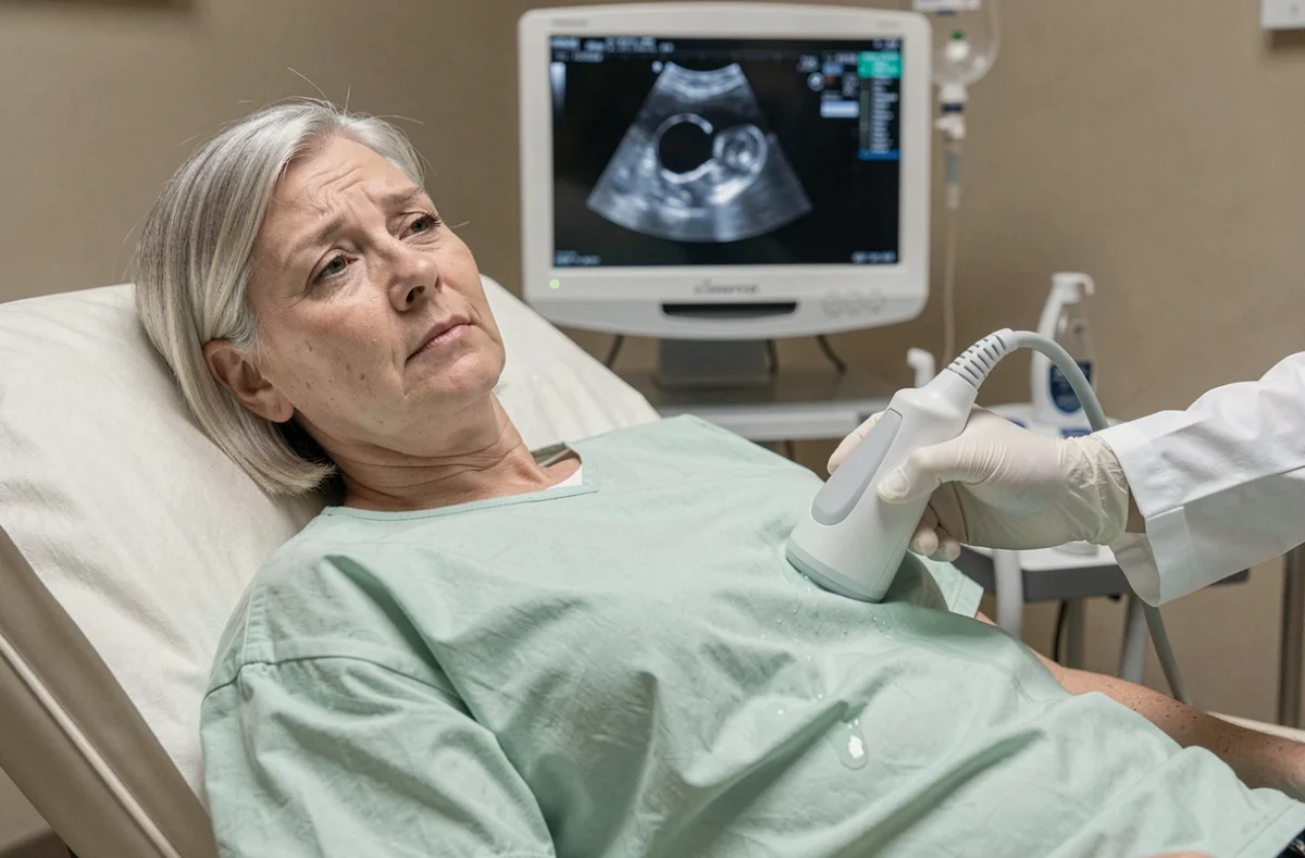 Patiente subissant une échographie abdominale pour diagnostiquer une douleur sous les côtes droites