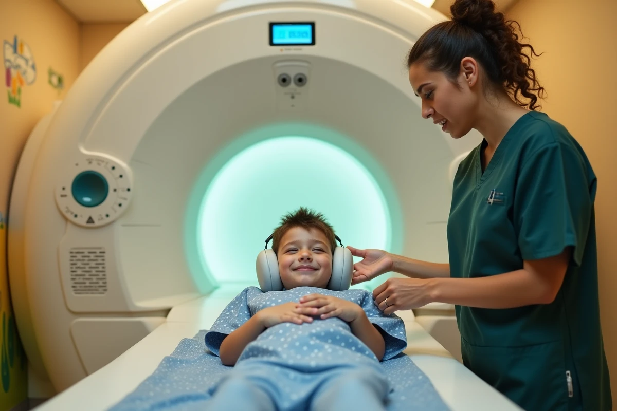 Enfant allongé sur la table d'un scanner IRM pédiatrique avec une technicienne en radiologie dans une salle adaptée aux enfants