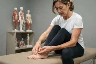 Femme d'âge moyen examinant son talon douloureux lors d'une consultation en cabinet de kinésithérapie