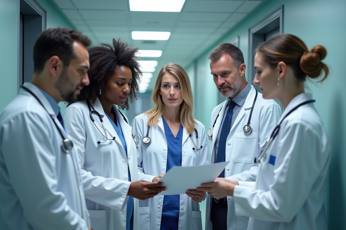 Equipe médicale diverse examinant un dossier dans un couloir d