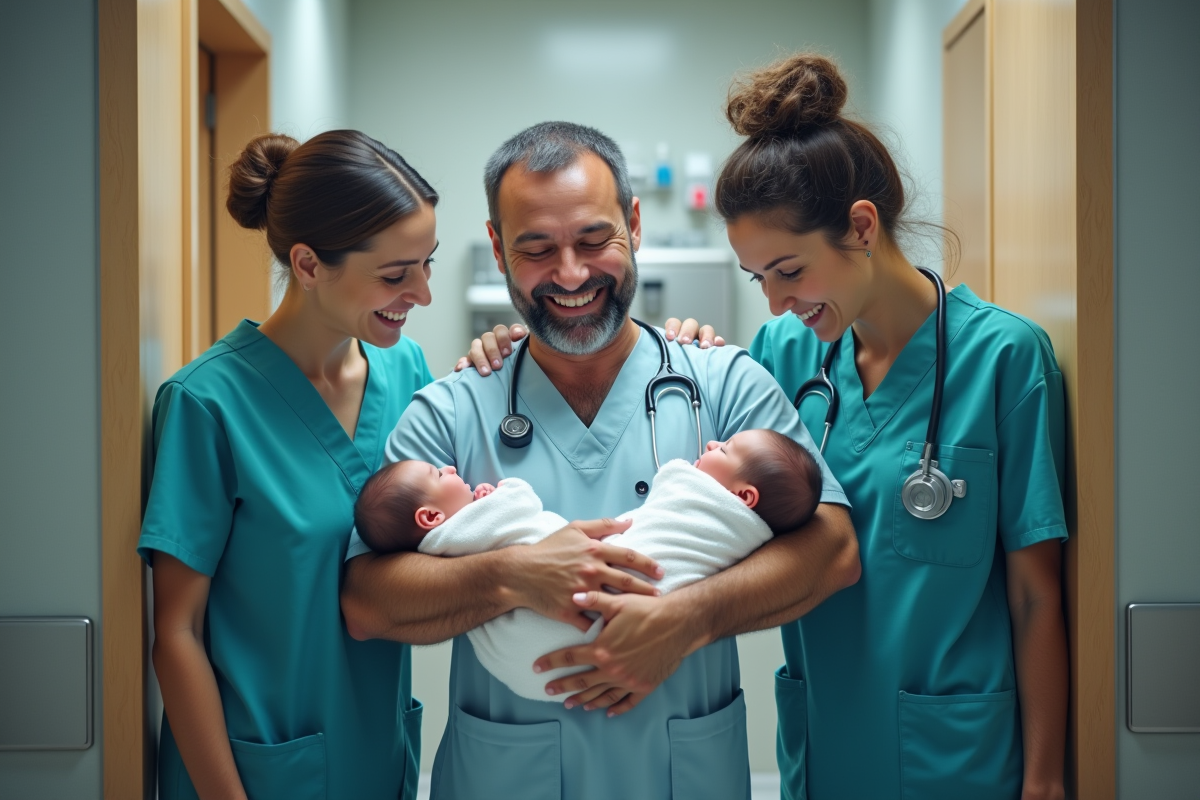 Equipe médicale souriante avec le père et les jumeaux dans la salle d
