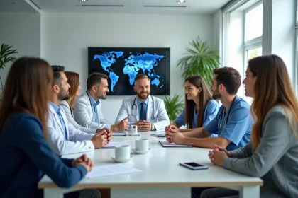 Professionnels de sant&eacute; en r&eacute;union dans un bureau moderne
