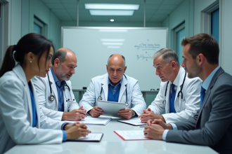 Équipe médicale diverse en réunion hospitalière
