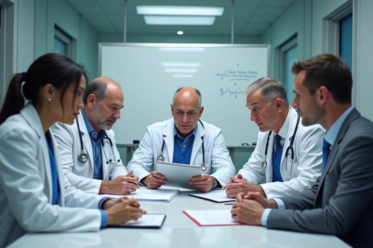 Équipe médicale diverse en réunion hospitalière