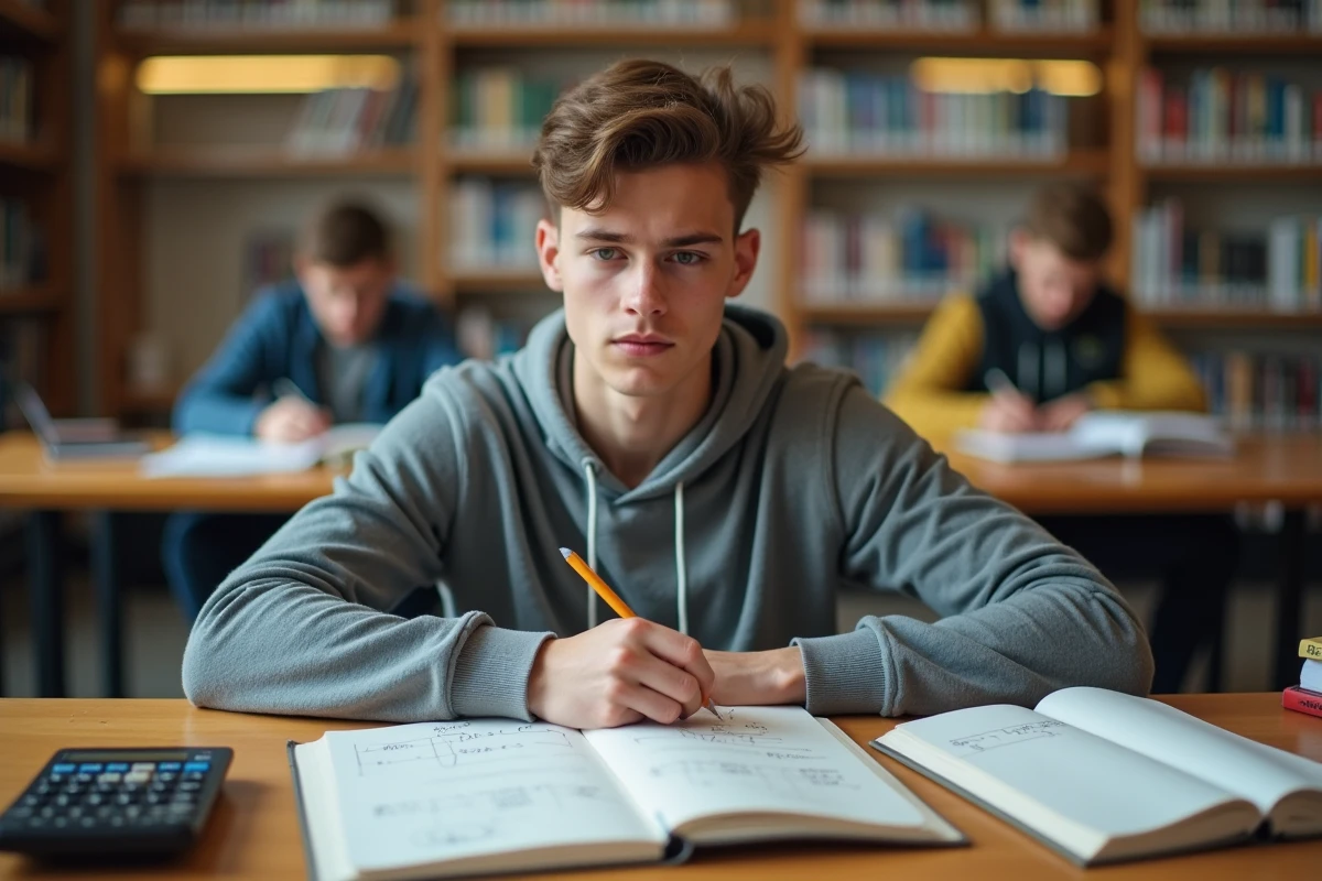 Étudiant en électronique calculant une tension dans un cahier de laboratoire avec calculatrice scientifique en bibliothèque universitaire