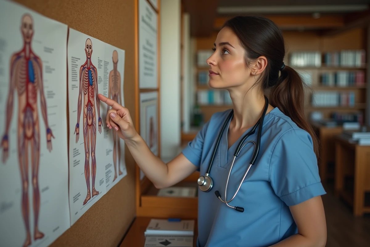 Étudiante en médecine étudiant un schéma du système circulatoire humain dans une bibliothèque universitaire