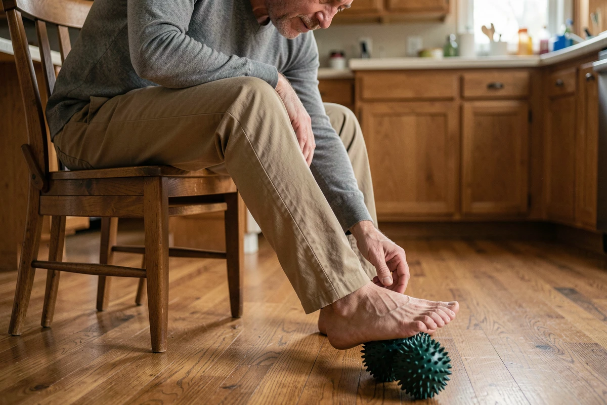 Homme utilisant une balle de massage épineuse sous le pied pour soulager un éperon calcanéen à domicile