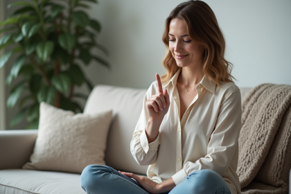 Femme assise sur un canap&eacute; pratique en d&eacute;tente
