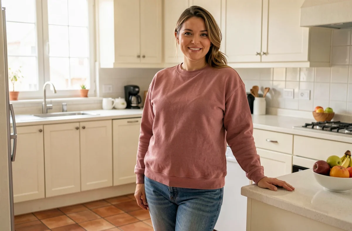 Femme après accouchement souriante dans une cuisine lumineuse, incarnant la sérénité et l'acceptation de son corps postpartum