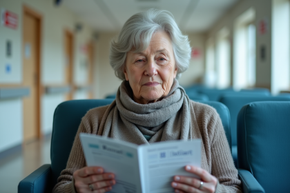 Femme d'âge moyen dans un hôpital lisant une brochure