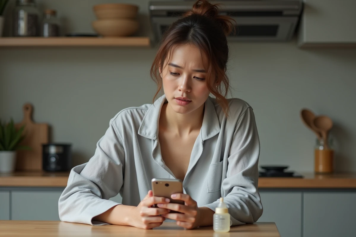 Femme préoccupée vérifiant son smartphone dans la cuisine
