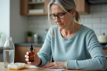 Femme d'&acirc;ge moyen tenant une bouteille de gouttes orales
