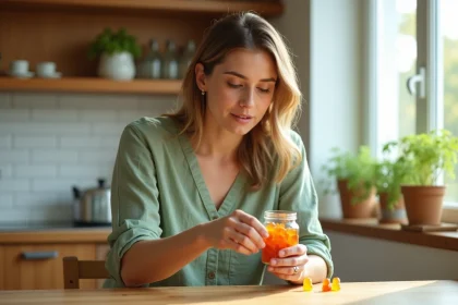 Femme tenant un pot de gummies Bears with Benefits dans sa cuisine et lisant les informations du produit