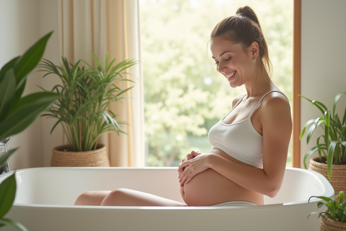 Femme dans une salle de bain lumineuse se massant le ventre