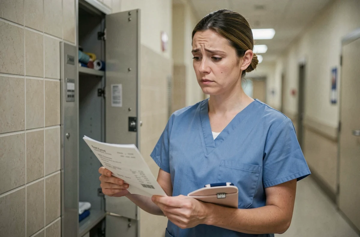 Femme chirurgienne consultant sa fiche de paie dans le couloir d'un hôpital public