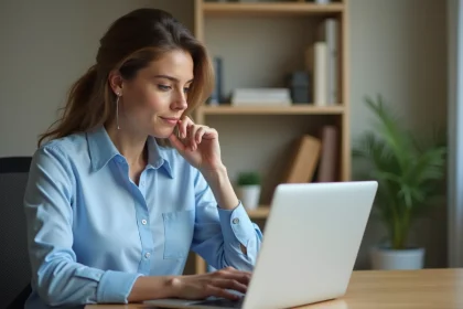 Femme consultant un site de prise de rendez-vous d'imagerie médicale sur un ordinateur portable à son bureau à domicile
