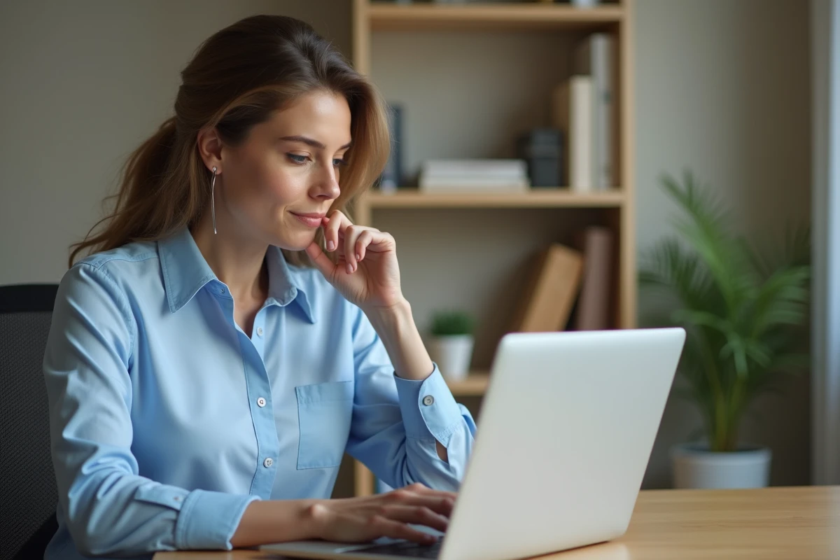 Femme consultant un site de prise de rendez-vous d'imagerie médicale sur un ordinateur portable à son bureau à domicile