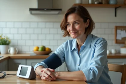 Femme d'&acirc;ge moyen v&eacute;rifiant sa tension art&eacute;rielle &agrave; la maison