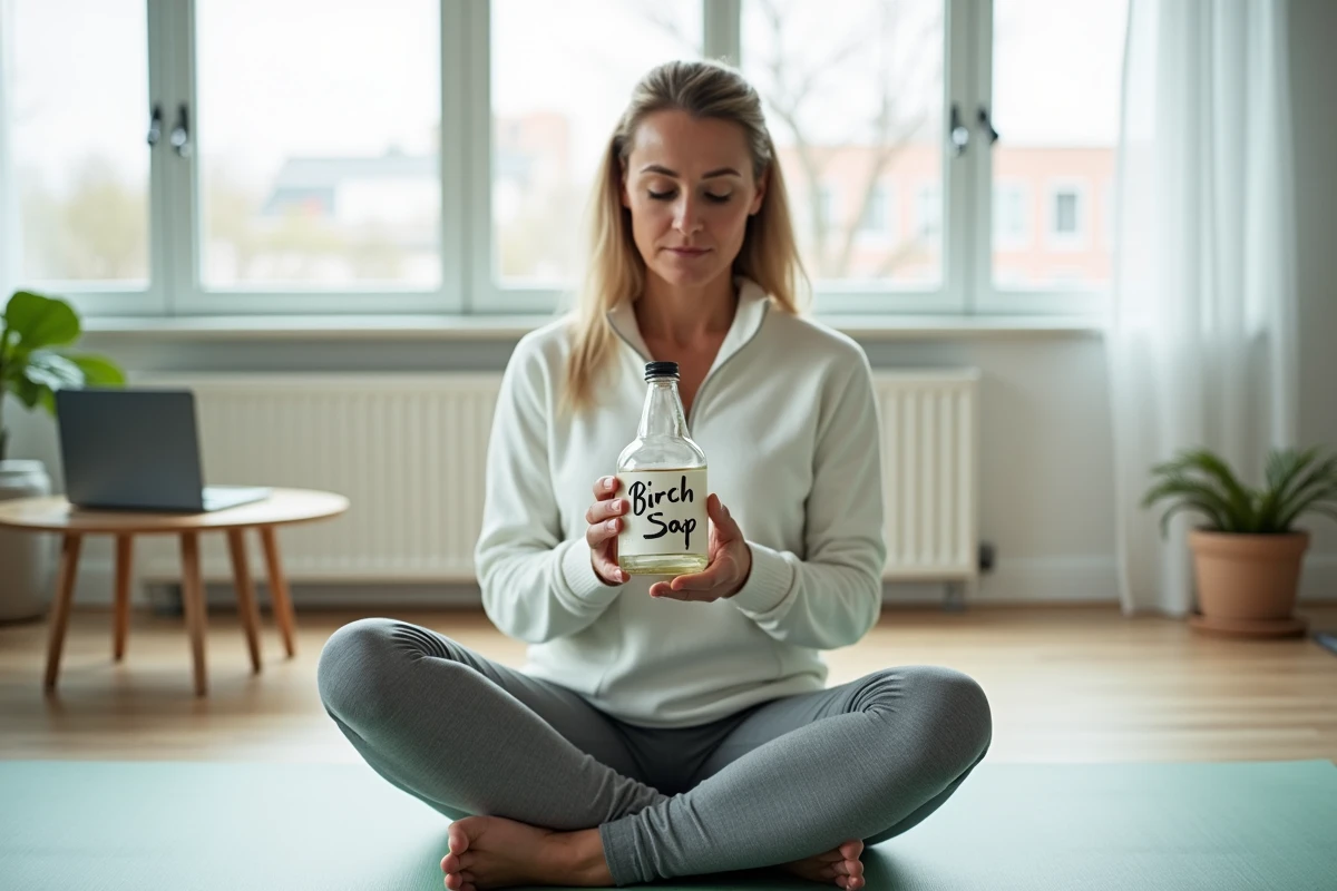 Femme en tenue de sport lisant l'étiquette d'une bouteille de sève de bouleau chez elle pour une cure minceur