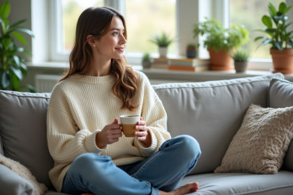 Femme détendue dans un salon cosy avec tasse de tisane
