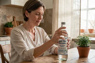 Femme lisant l'étiquette d'une bouteille d'eau minérale riche en bicarbonate dans une cuisine naturelle