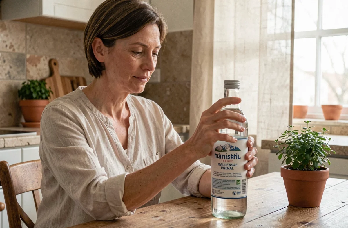 Femme lisant l'étiquette d'une bouteille d'eau minérale riche en bicarbonate dans une cuisine naturelle