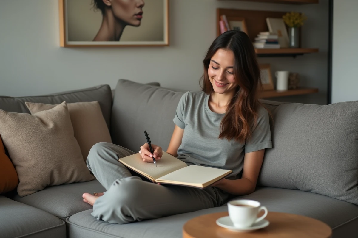 Jeune femme &eacute;crivant dans un salon cosy et lumineux