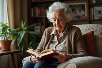 Femme âgée lisant un livre dans un salon chaleureux