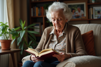 Femme âgée lisant un livre dans un salon chaleureux