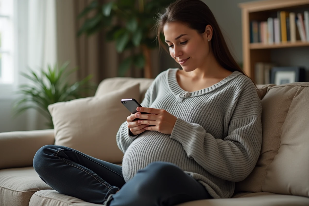 Femme enceinte utilisant une application mobile pour calculer sa date de terme sans connaître la conception