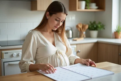 Femme enceinte consultant un calendrier pour estimer sa date de terme grossesse
