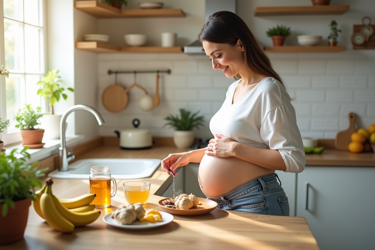 Femme enceinte préparant une collation saine en cuisine