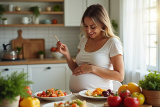 Femme enceinte mangeant sainement dans la cuisine