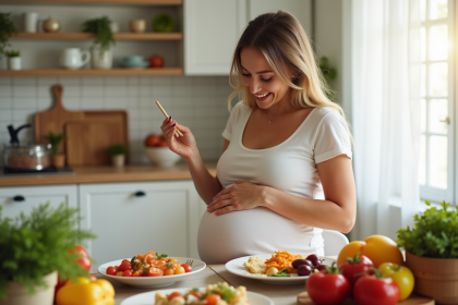 Femme enceinte mangeant sainement dans la cuisine