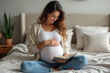 Femme enceinte souriante lisant un guide prénatal dans une chambre cosy