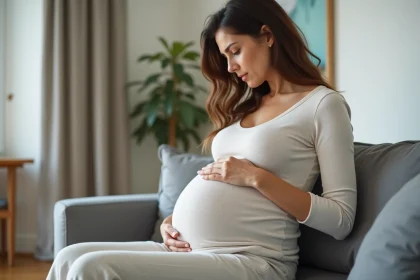 Femme enceinte assise sur un canap&eacute; dans un salon moderne