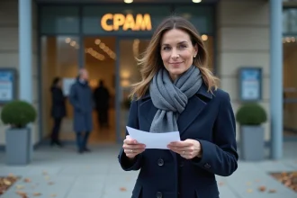 Femme en manteau navy devant un bâtiment CPAM moderne