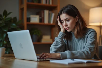 Femme frustrée face à un message d'erreur de connexion sur son ordinateur portable au bureau à domicile