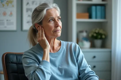 Femme d'&acirc;ge moyen touchant son cou dans un cabinet m&eacute;dical