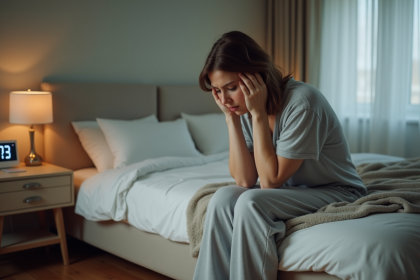 Femme fatiguée en pyjama dans une chambre cosy