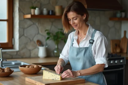 Femme découpant un fromage bleu sur une planche en bois dans une cuisine naturelle, illustration pour article sur le fromage et le diabète