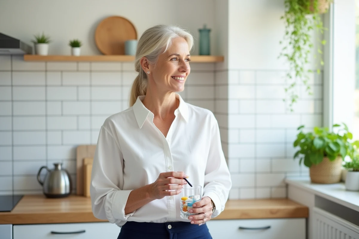 Femme souriante dans une cuisine prenant ses médicaments quotidiens, symbolisant la gestion et la guérison de la maladie de Ménière