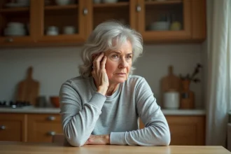 Femme d'âge mûr se grattant la main gauche à la table de cuisine avec une expression perplexe