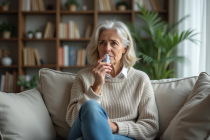 Femme d'&acirc;ge moyen utilisant un inhalateur dans un salon chaleureux