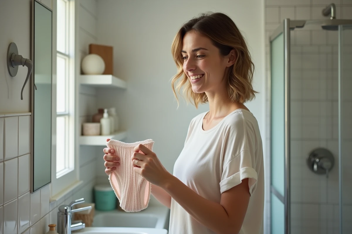 Femme tenant sous-vêtements menstruels dans la salle de bain