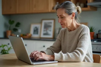 Femme d'âge moyen lisant un blog santé à la maison