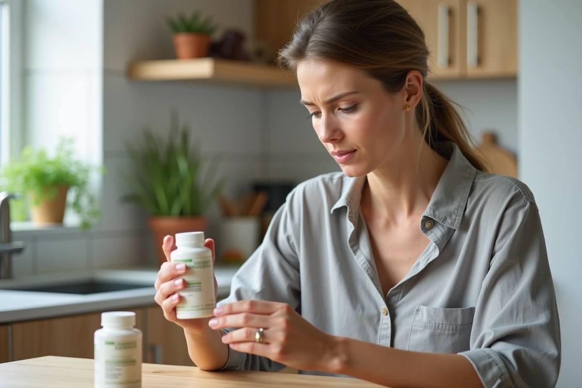 Femme lisant attentivement l'étiquette d'un probiotique à sa table de cuisine en bois