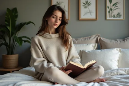 Femme lisant dans une chambre moderne et calme