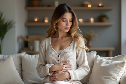 Femme en loungewear confortable se relaxant sur un canap&eacute;
