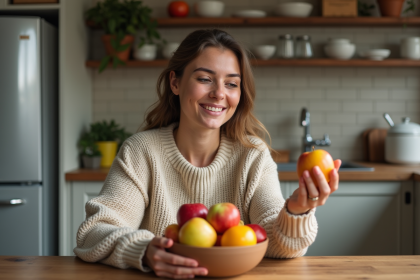 Femme souriante dégustant des fruits frais dans une cuisine chaleureuse
